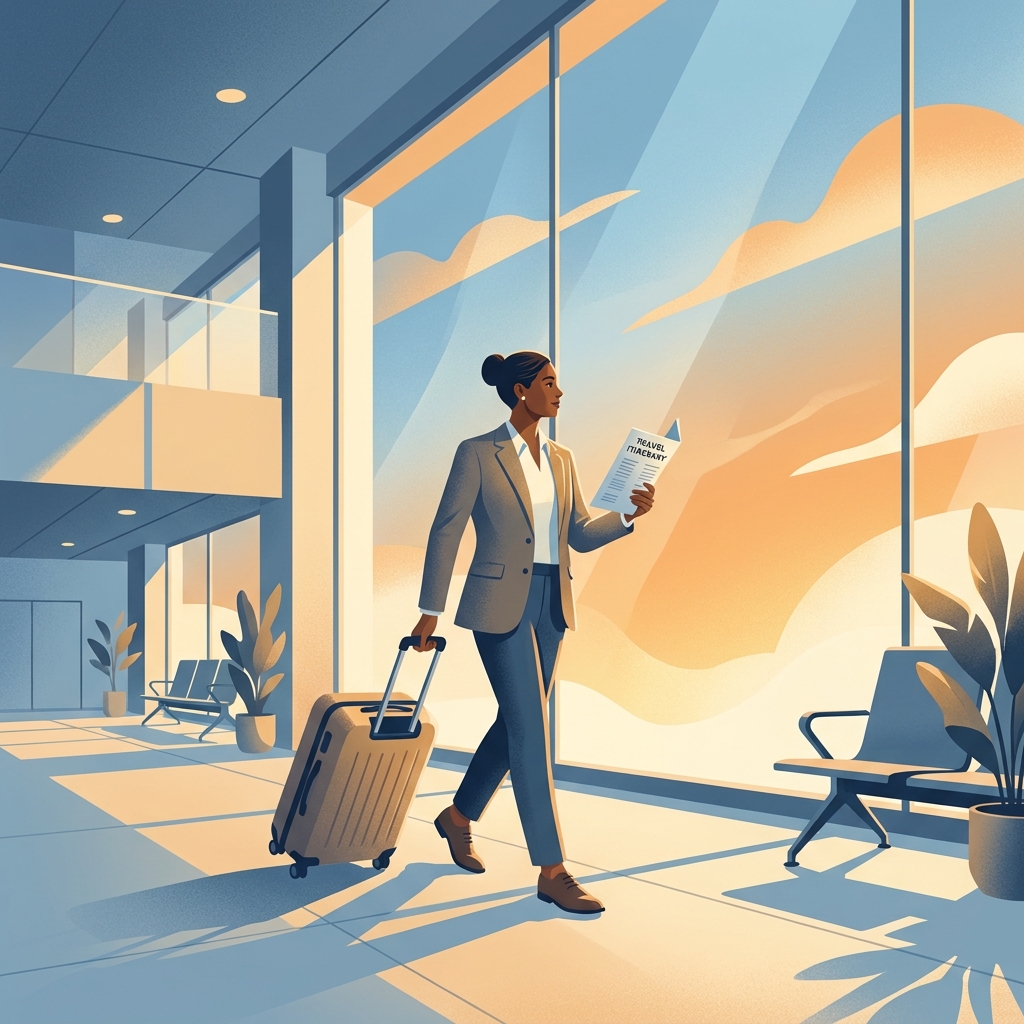 Confident traveler at airport planning fly-in patient hair transplant logistics with itinerary in hand