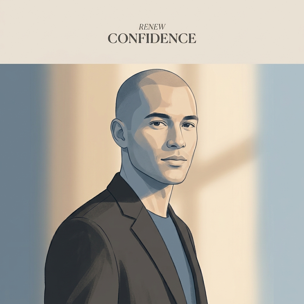 Confident man with shaved head representing scalp micropigmentation for hair transplant scars coverage and restoration