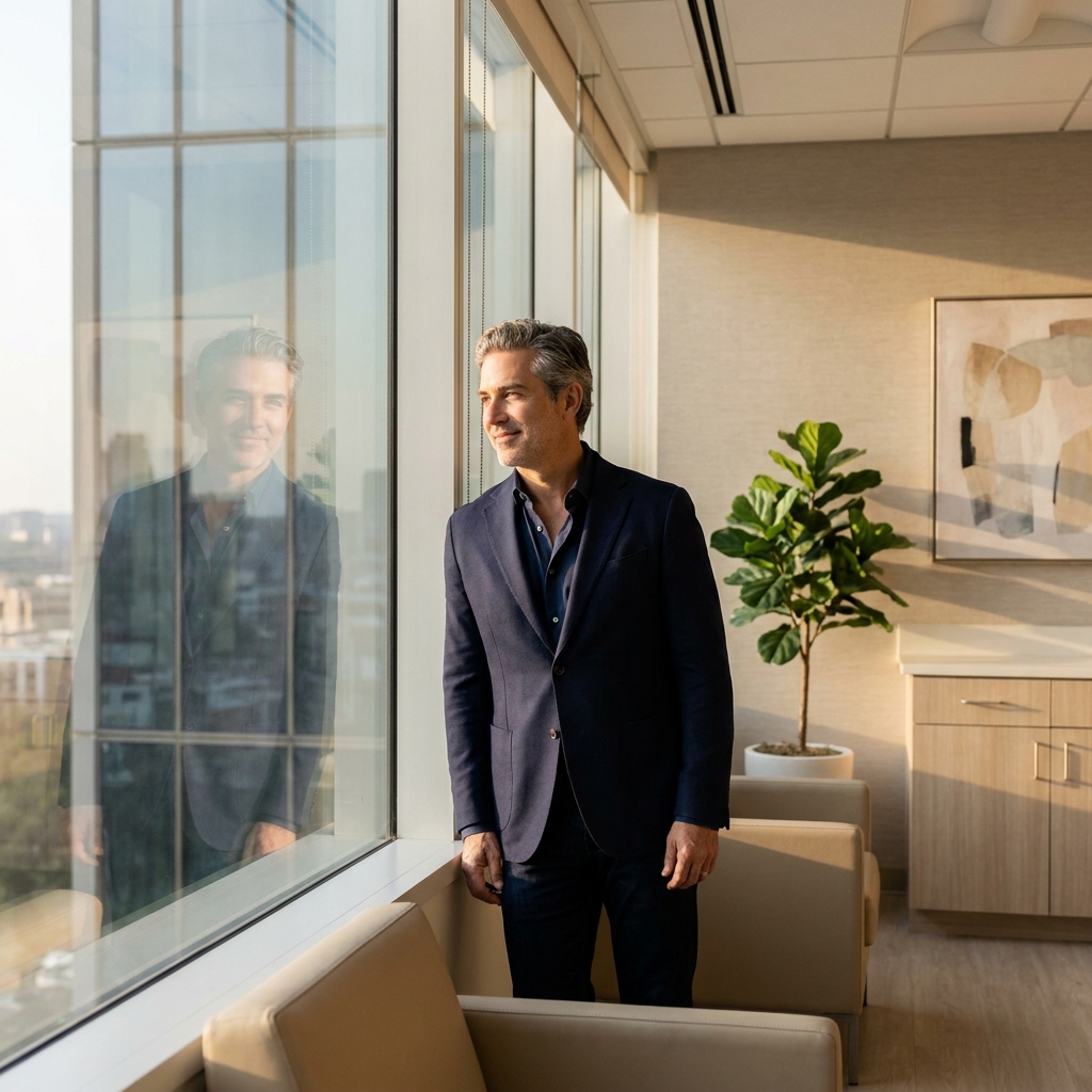 Man confidently reviewing before and after hair transplant surgery results in a modern medical consultation setting