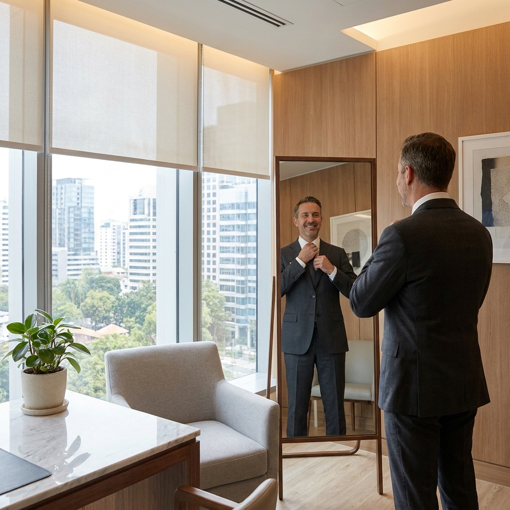 Confident man reflecting in modern clinic mirror, representing the best hair transplant results in Minneapolis