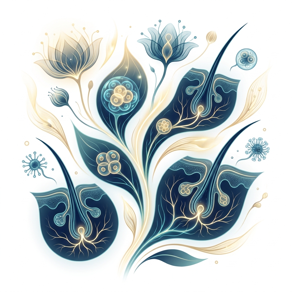 Stylized scientific illustration representing hair restoration stem cell biology with glowing follicle structures