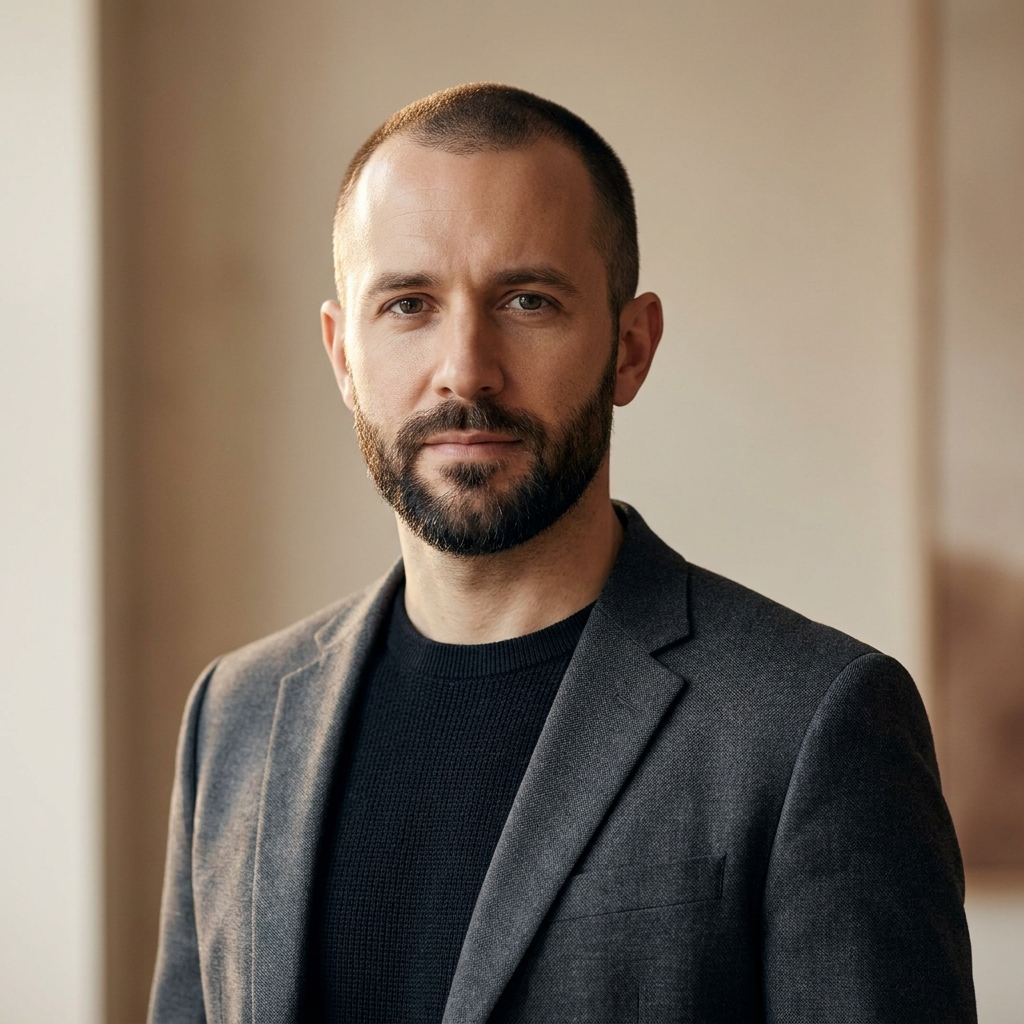 Confident man with defined hairline representing scalp micropigmentation for men results