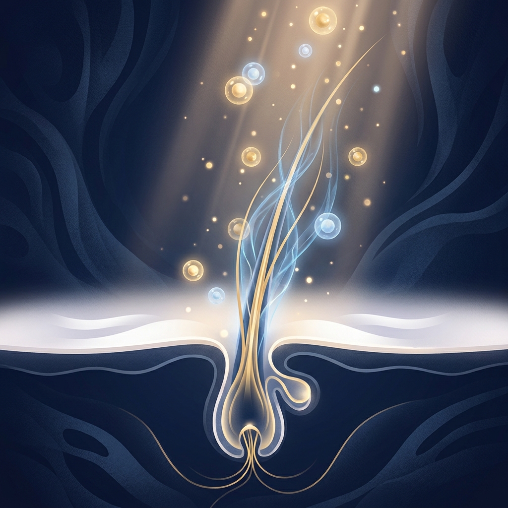 Conceptual illustration of stem cell hair restoration showing glowing follicles and cellular regeneration in blue and gold tones