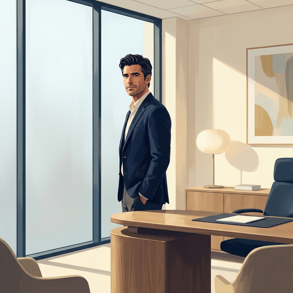 Confident man with healthy hair in a modern medical consultation setting, representing personalized men's hair treatment for hair loss.