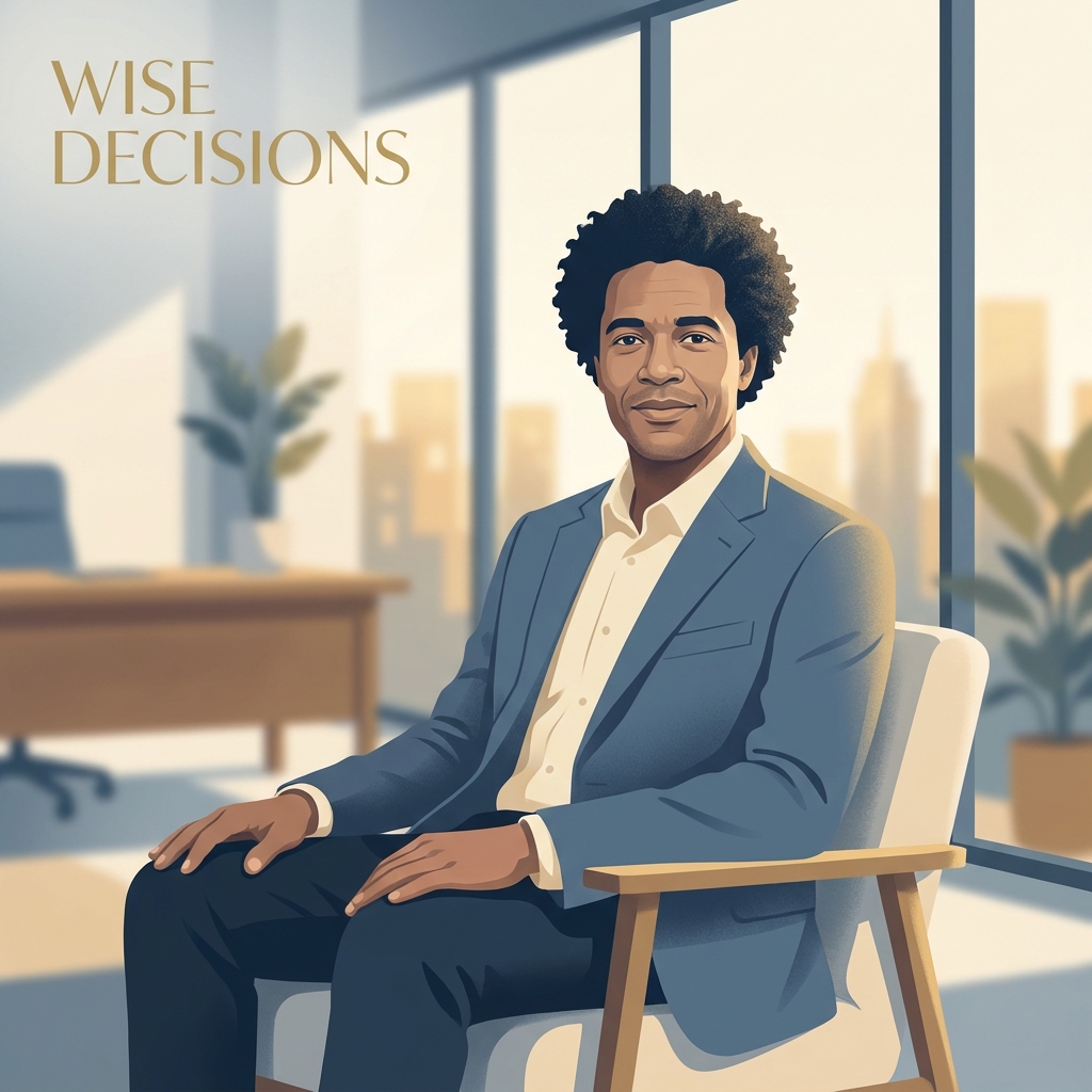 Confident man with full hair in a modern consultation room, representing informed hair transplant before and afters decisions.