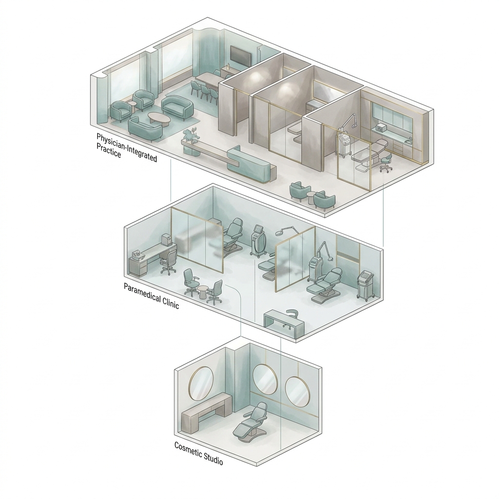 Three-tier framework illustration representing different levels of scalp micropigmentation clinics from cosmetic to physician-integrated.