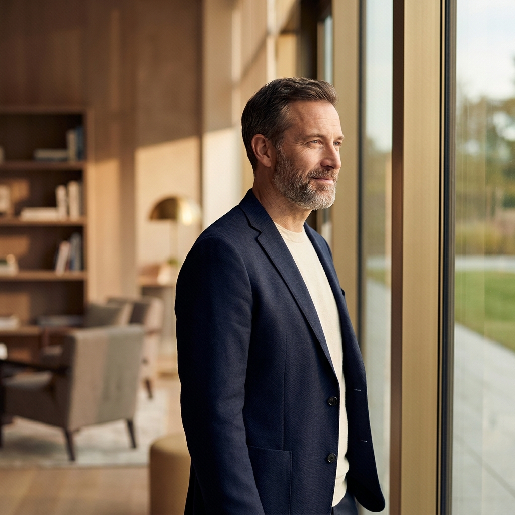 Confident man considering non surgery hair restoration options in a modern, professional setting