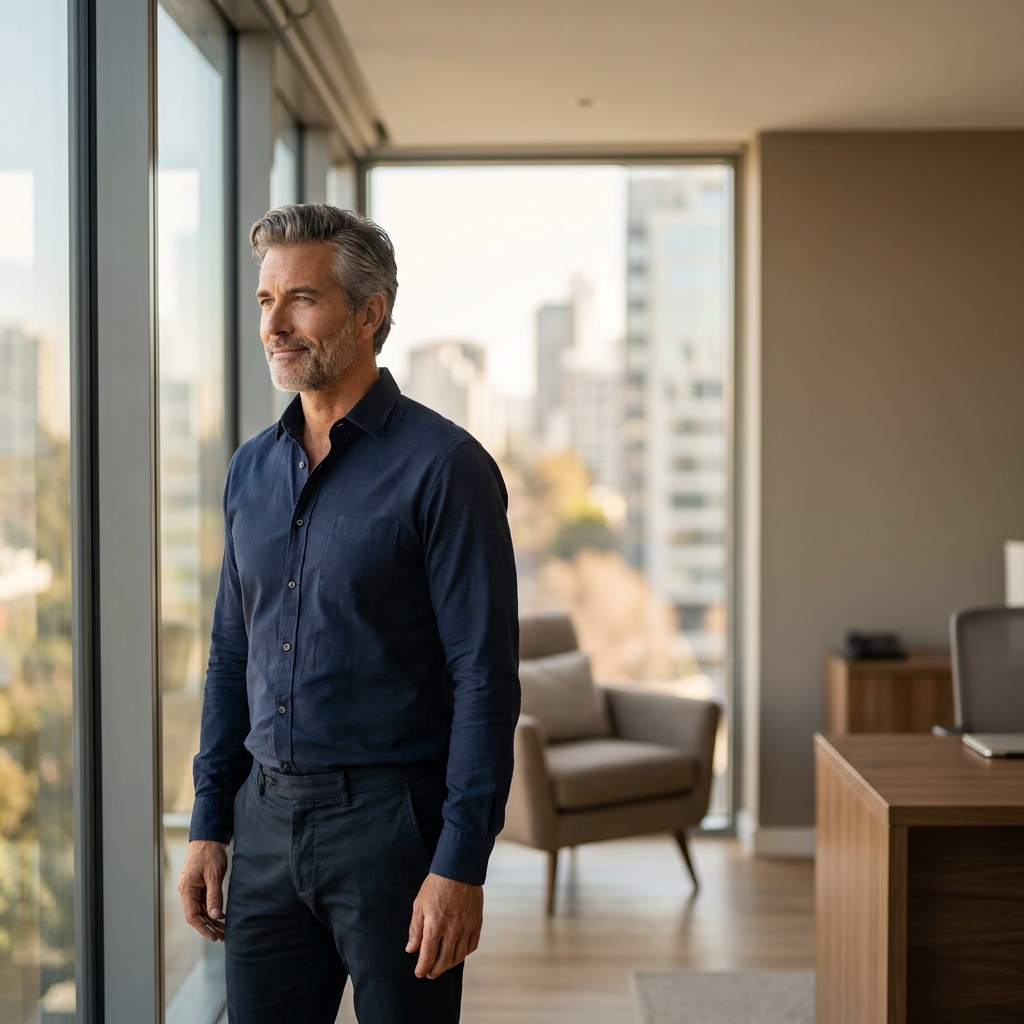 Confident man with restored hair standing in modern setting, representing the hair transplant journey for men