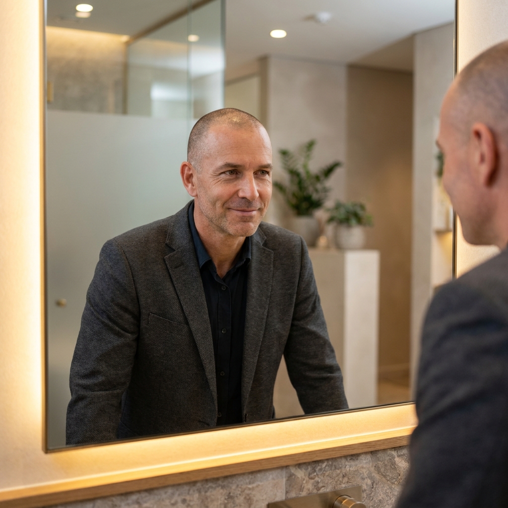 Man confidently examining his scalp in mirror, representing scalp micropigmentation before and after results