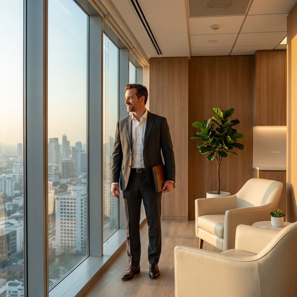 Man confidently looking out window of world-class hair restoration clinic, representing expert hair restoration near me