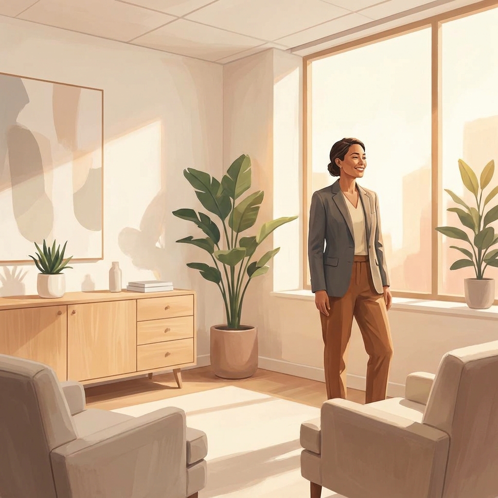 Person in a modern consultation room reflecting on hair restoration procedure options with calm confidence.