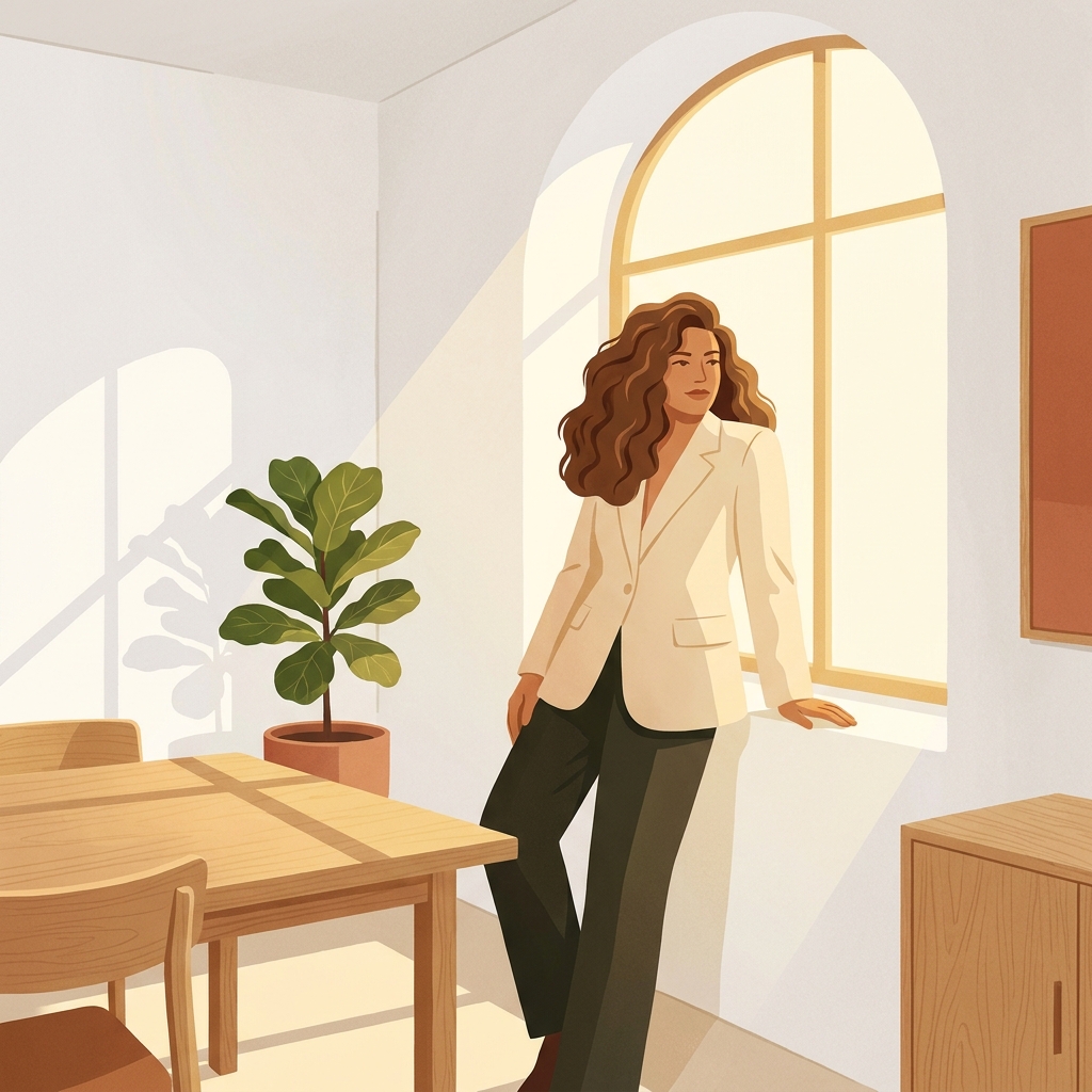 Person with healthy hair in a modern consultation space, representing hair restoration medication and treatment planning.
