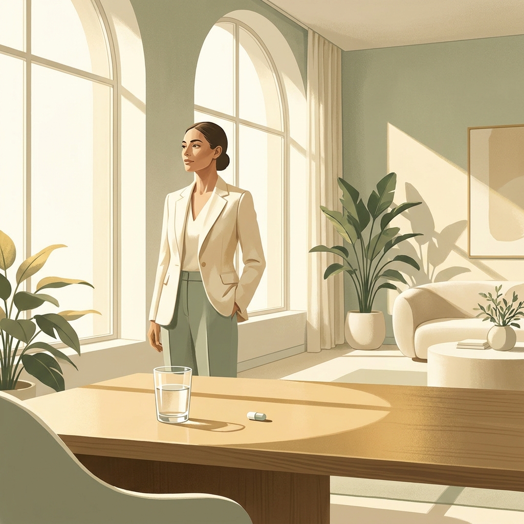 A hair loss treatment pill resting on a consultation desk in a modern, warmly lit medical office setting.