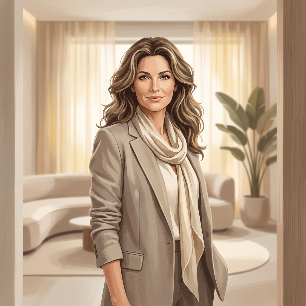 Confident woman with healthy full hair in a modern consultation setting, representing hair transplant surgery for women.