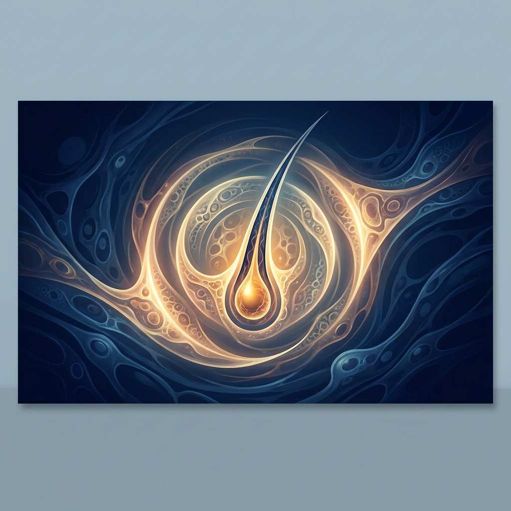 Stylized illustration of a glowing hair follicle representing the cellular biology behind a hair surgical transplant