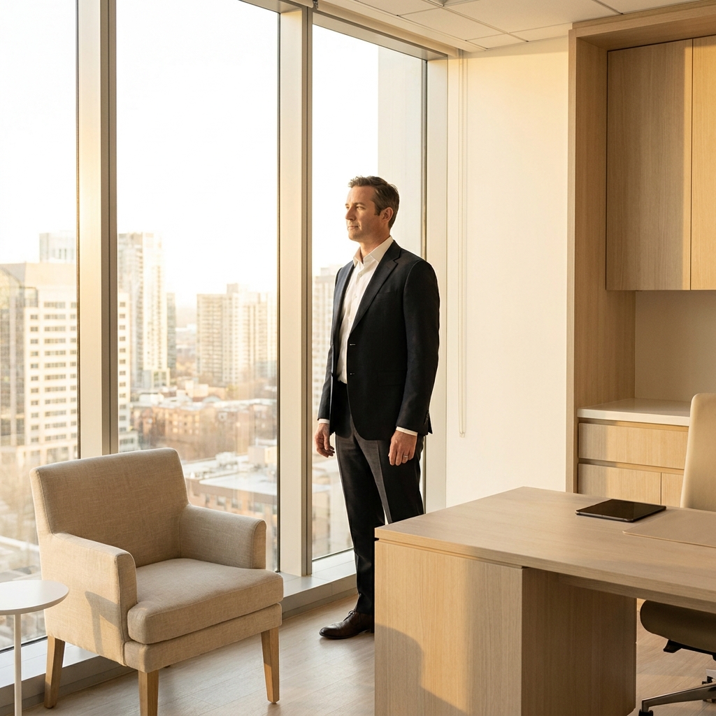 Man confidently considering FUE hair transplant specialist options in a modern consultation setting