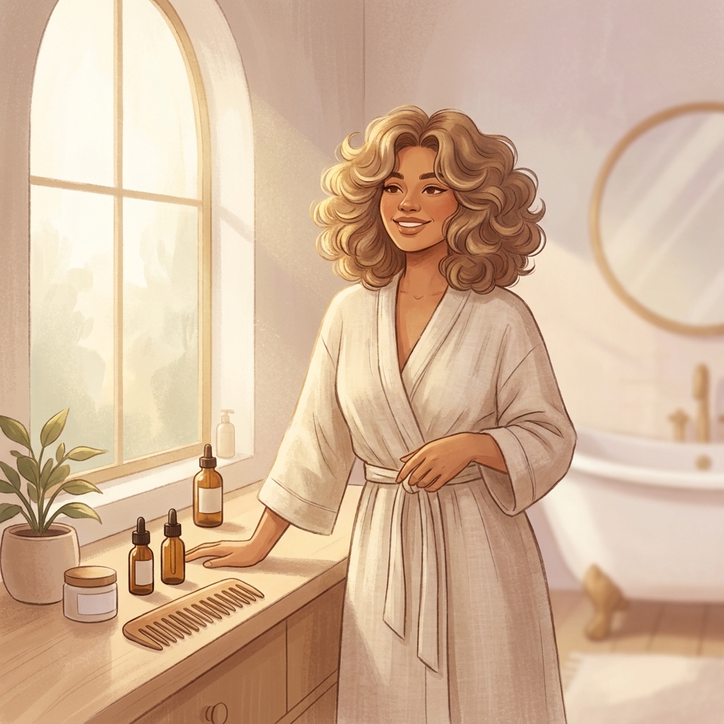 Person with healthy full hair at a tidy bathroom vanity representing hair loss treatment at home routines