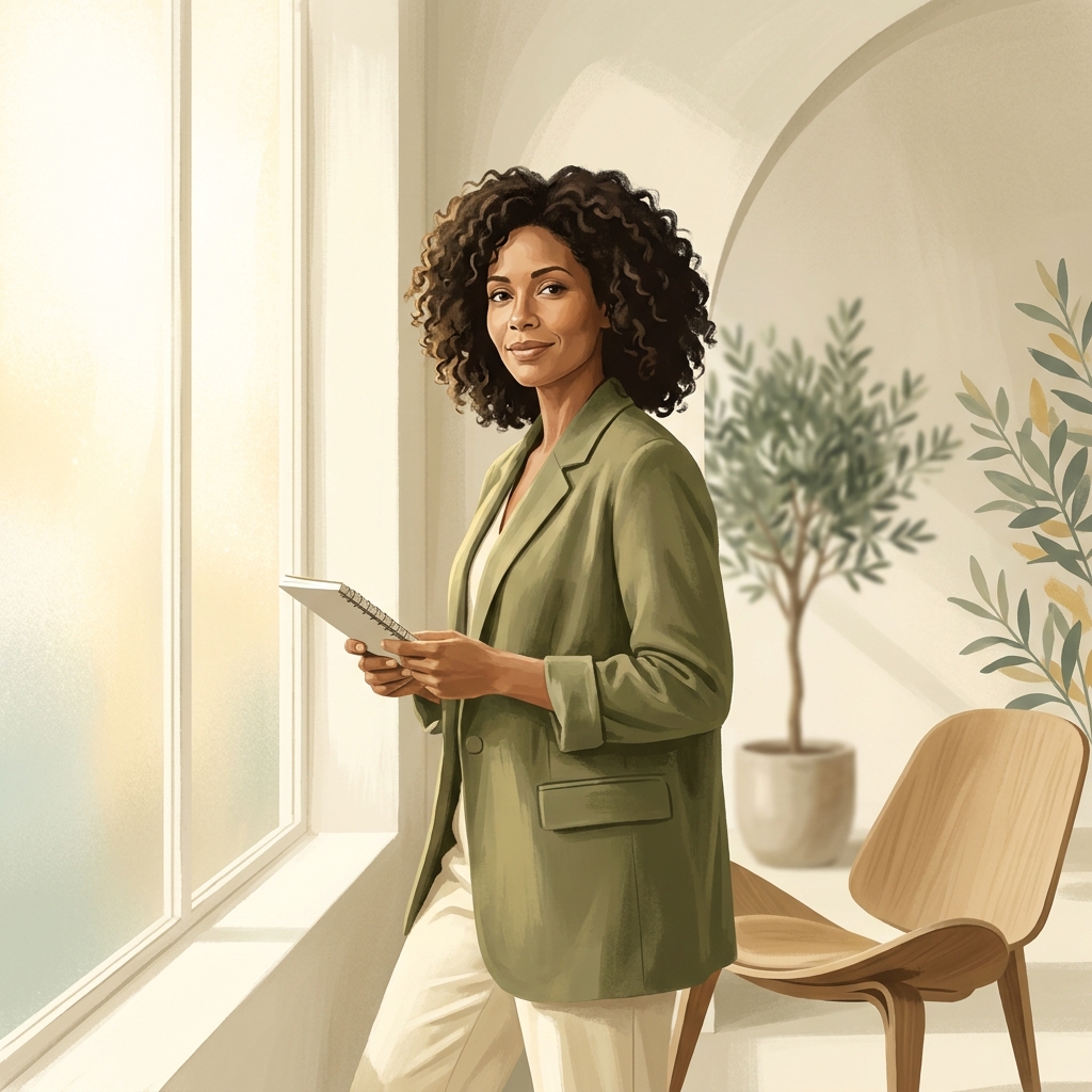 Confident woman with healthy hair in a modern consultation space, representing hair transplant options for women