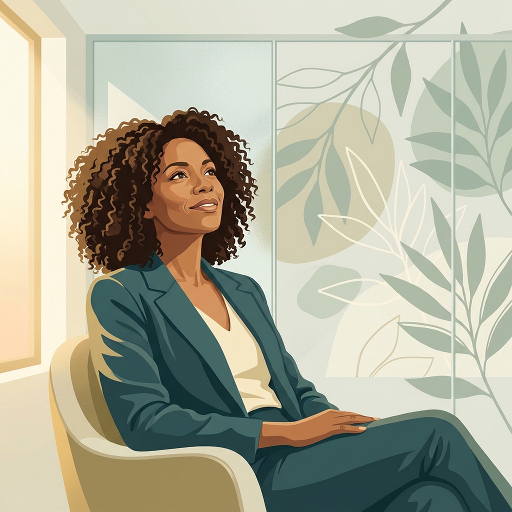 Confident woman with healthy hair in a modern consultation setting, representing treatment for women's hair loss