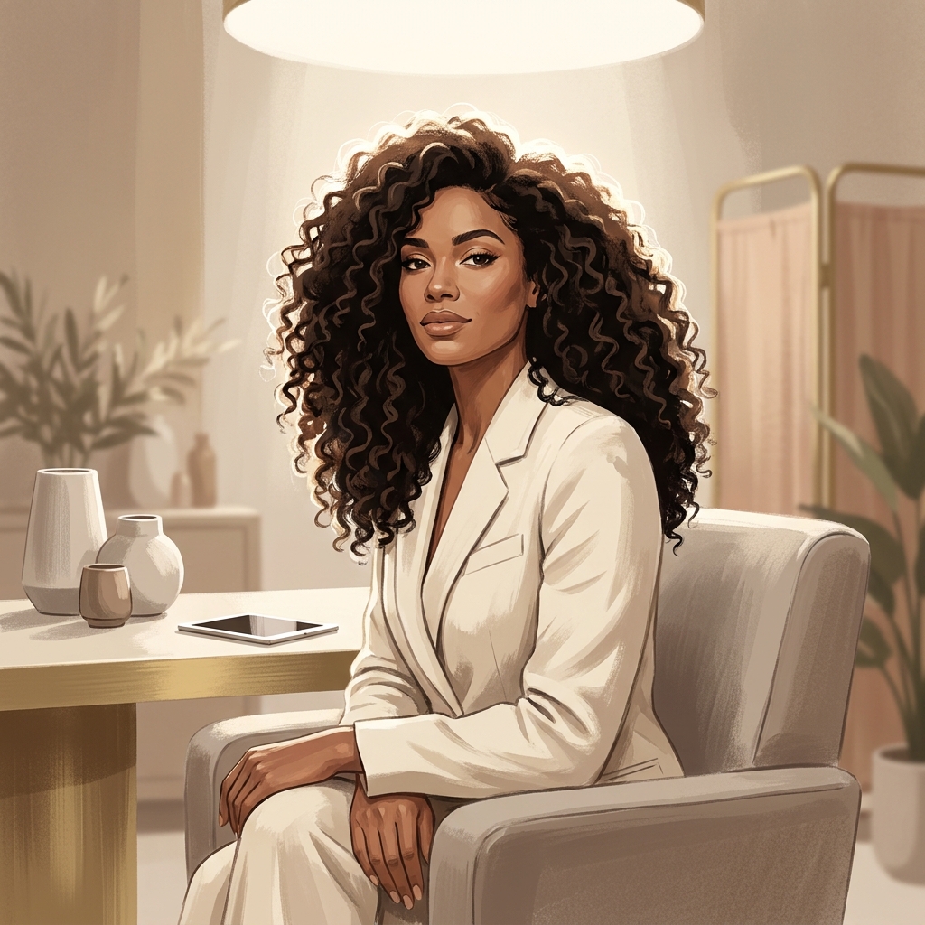 Confident woman with full, healthy-looking hair in a modern clinical setting representing female scalp micropigmentation care