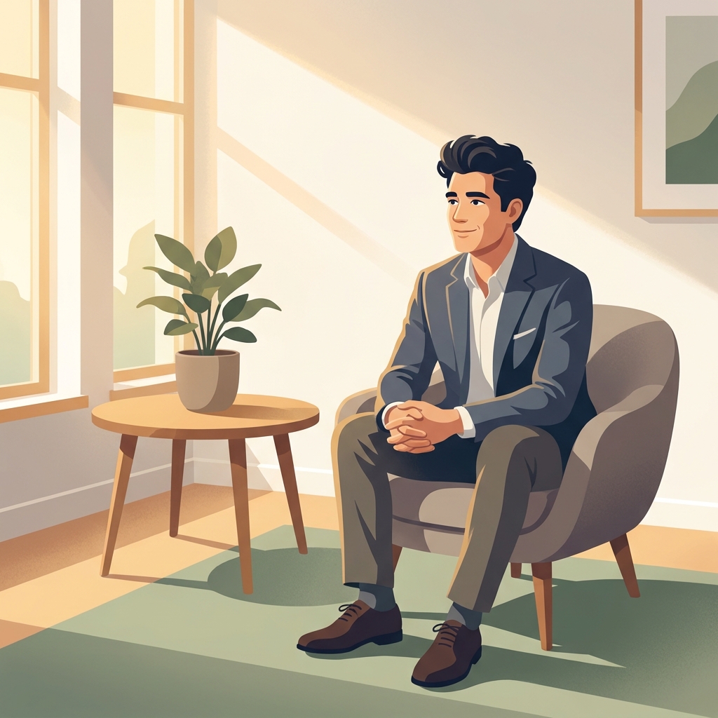 Confident man with restored hair in a modern clinic consultation room, representing FUE hair transplant surgery results