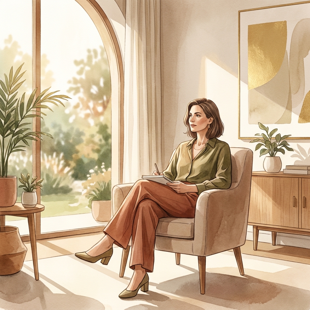 Woman in a modern consultation room considering hair transplant for women cost and candidacy options