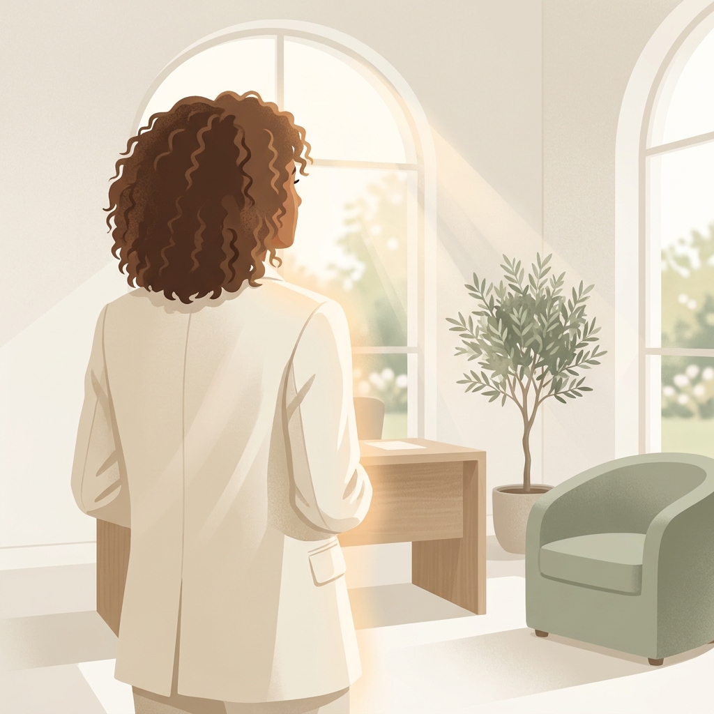 Person with healthy restored hair in a calm consultation space, representing treatment for alopecia hair loss