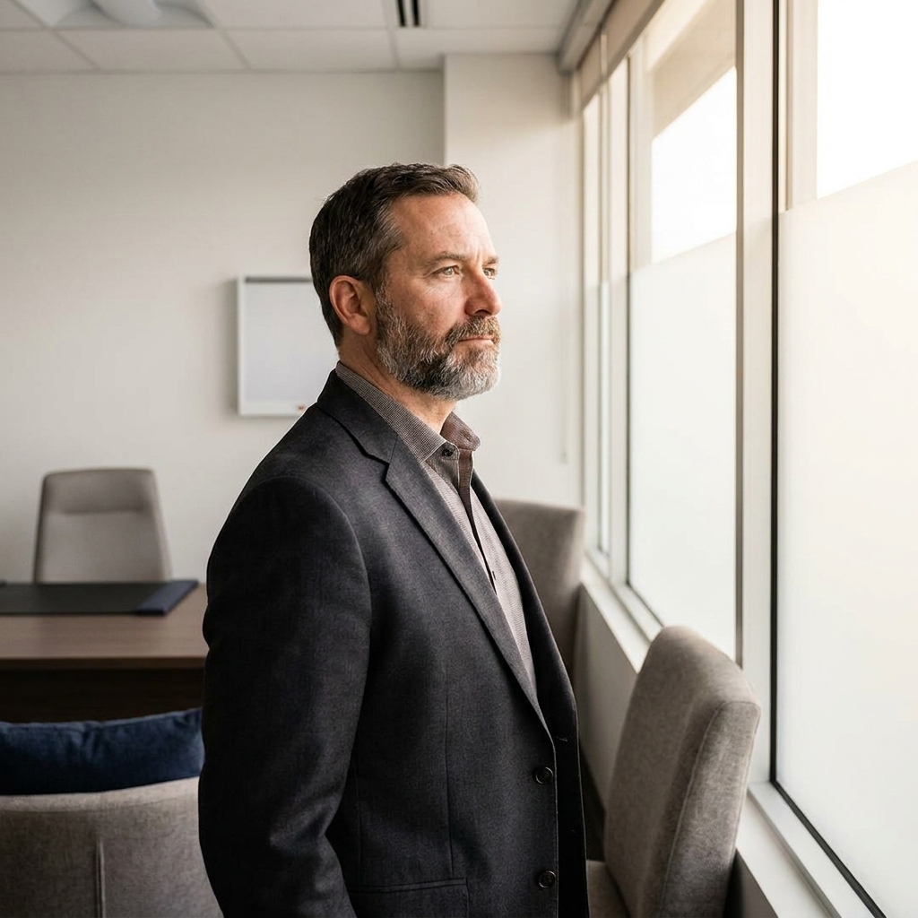 Confident man in a modern clinic setting representing informed hair treatment for hair loss men decisions