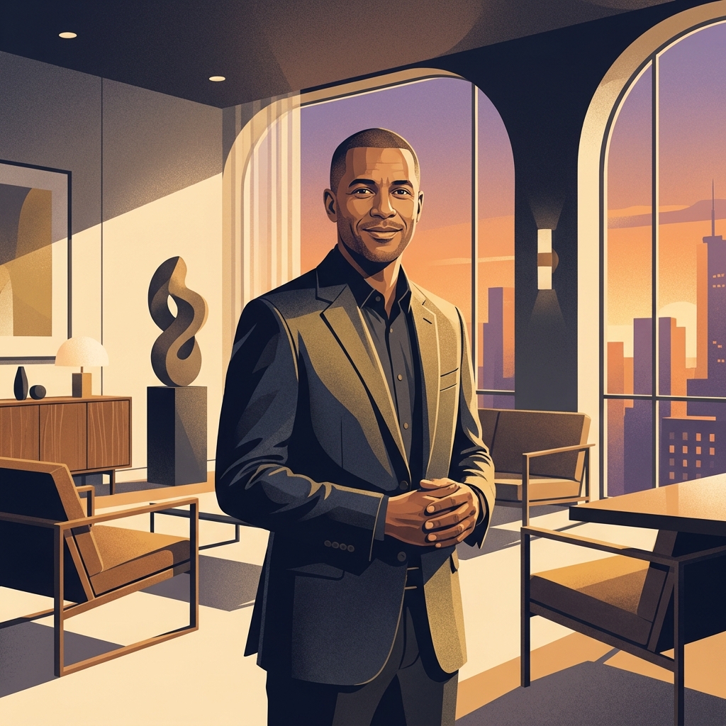 Confident man in a modern consultation room representing scalp micropigmentation LA treatment decisions