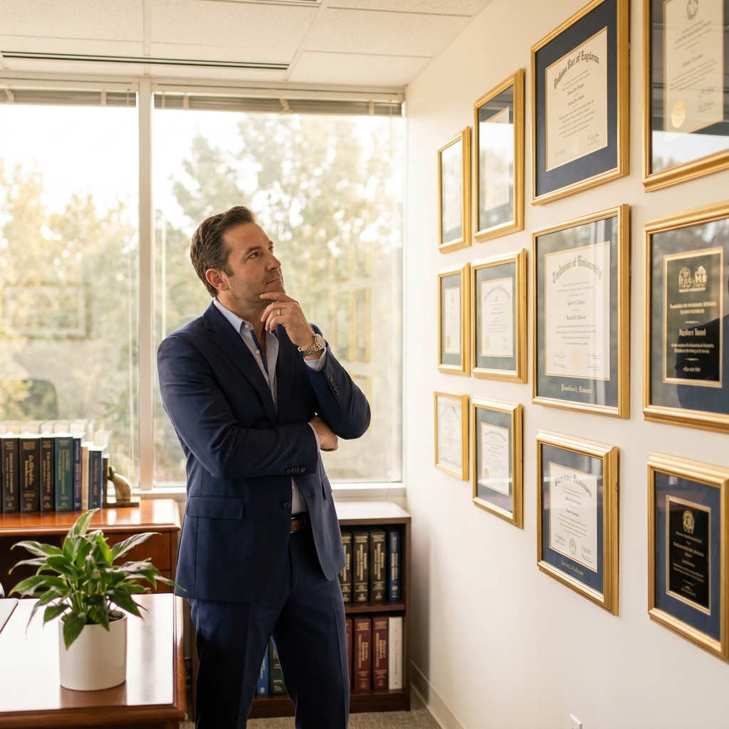 Man reviewing surgeon credentials in a professional medical office, representing the search for the best hair transplant surgeon in USA.