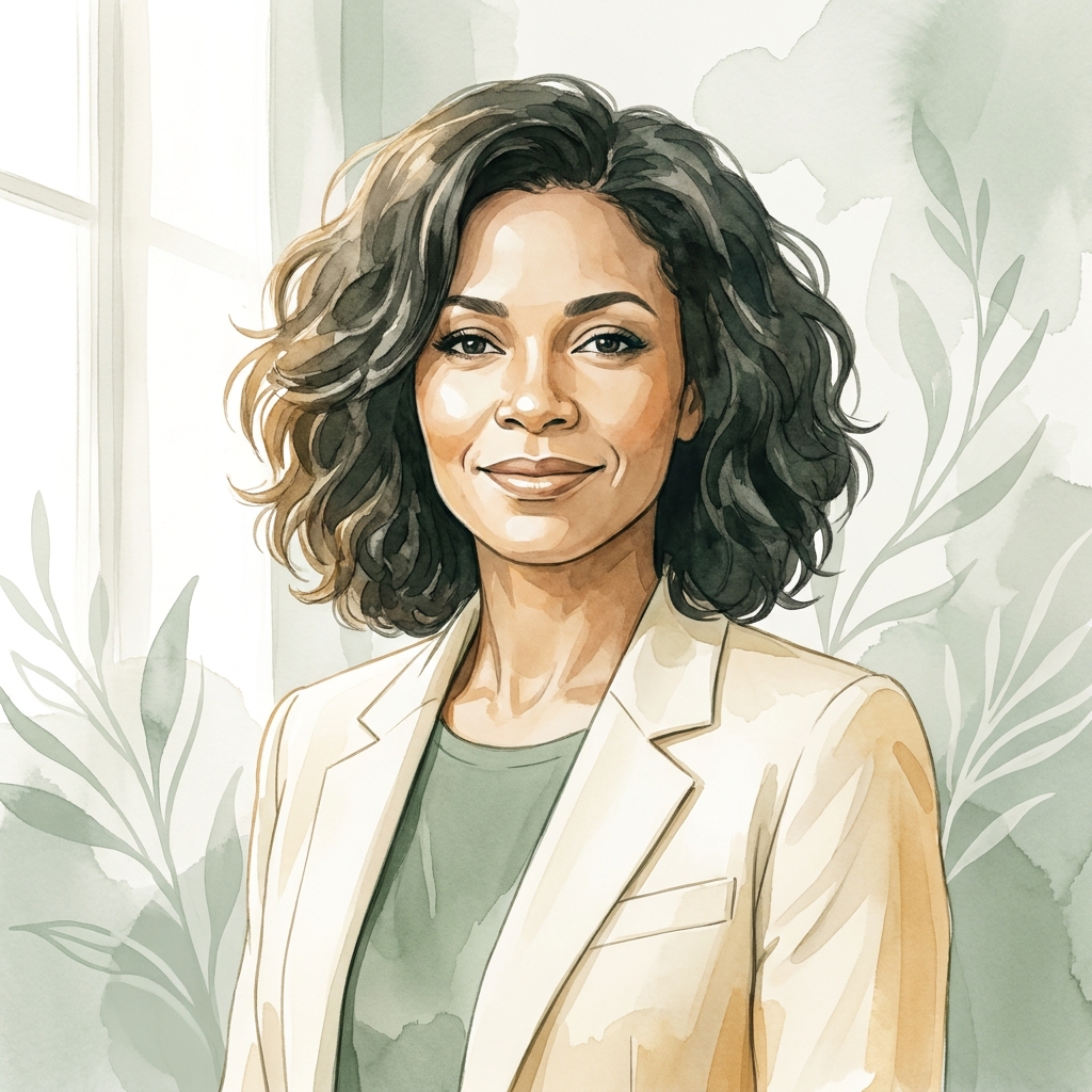 Illustrated portrait of a woman with healthy frontal hair, representing diagnosis and treatment of hair thinning at front female