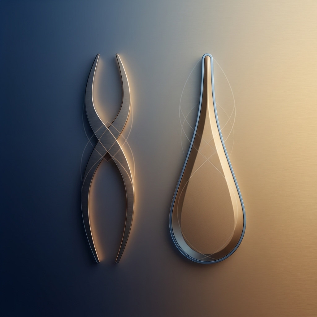 Stylized illustration comparing DHI vs FUE hair transplant concepts with elegant minimalist tool silhouettes on navy-gold gradient