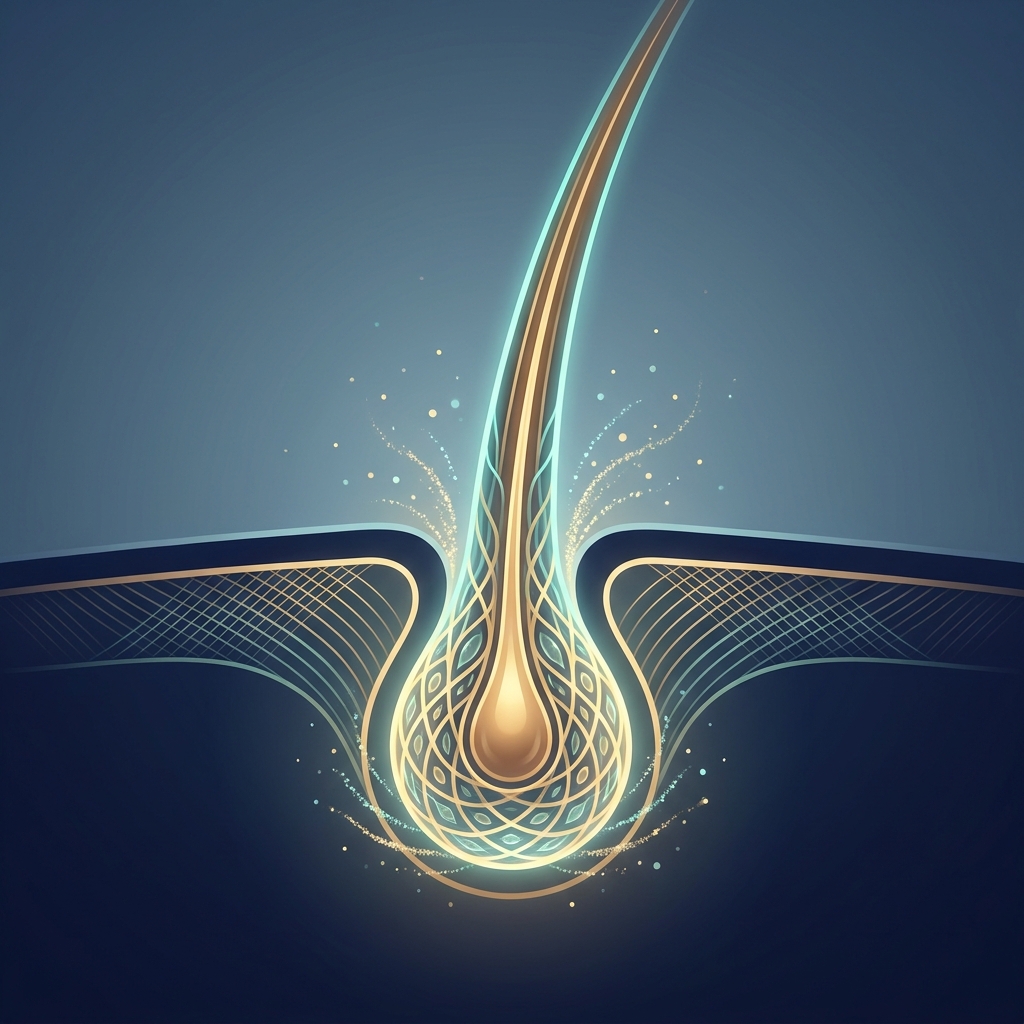Stylized scientific illustration of a hair follicle cross-section representing the biology behind a hair transplant procedure
