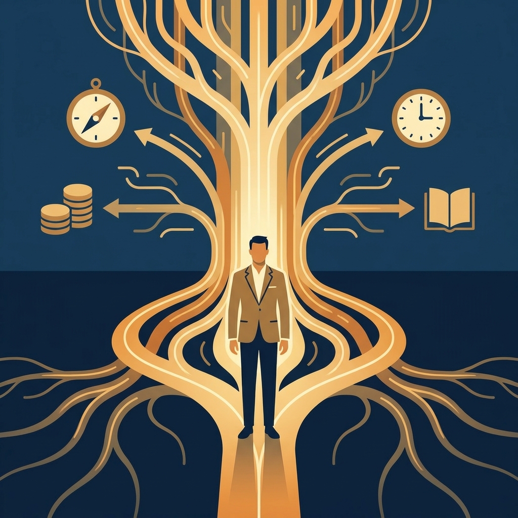 Conceptual illustration of a man contemplating branching decision paths, representing long-term hair surgery transplant planning.