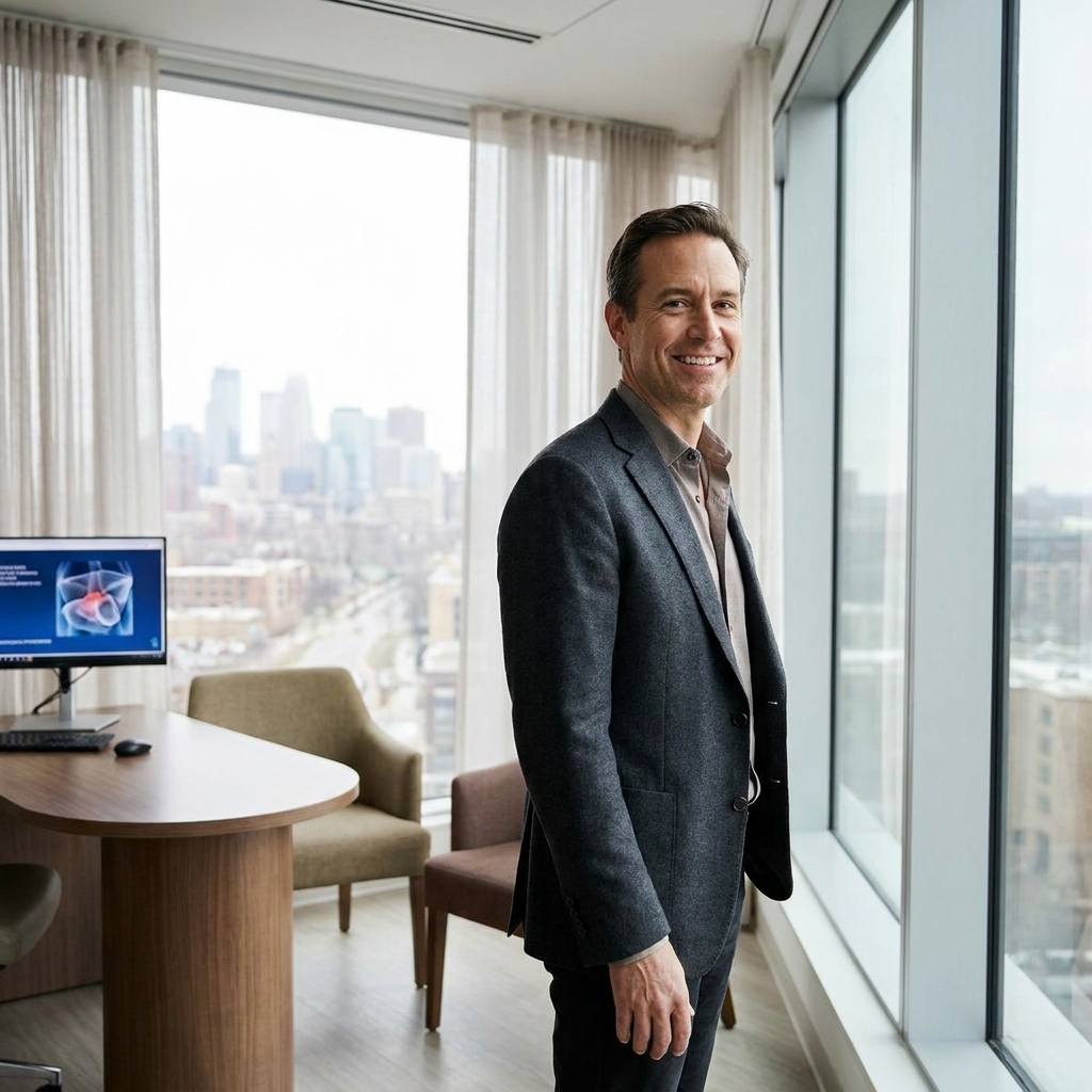 Confident man in a world-class hair restoration of MN consultation space with modern Minneapolis architecture