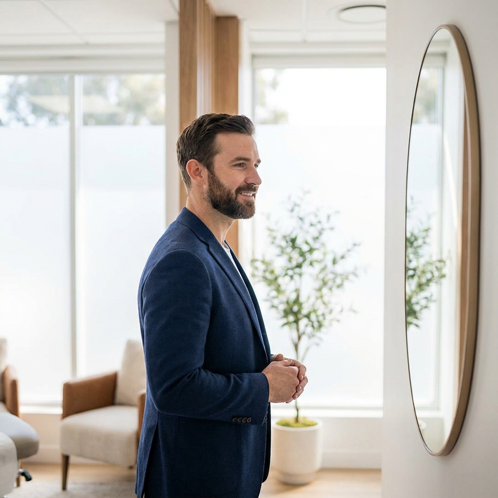 Confident man in a modern hair restoration clinic consultation room, reflecting the clarity of the hair transplant FUE journey.