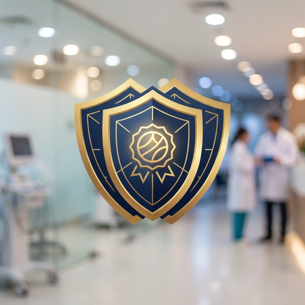 Two-layer shield emblem representing a hair restoration network's patient protection framework