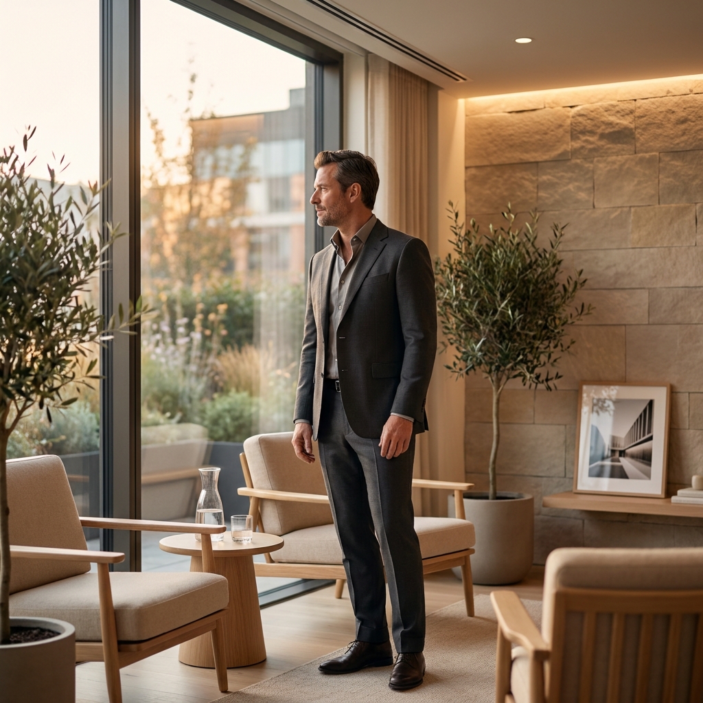 Man confidently standing in a premium hair restoration clinic consultation space, representing choosing the right hair transplant clinic.