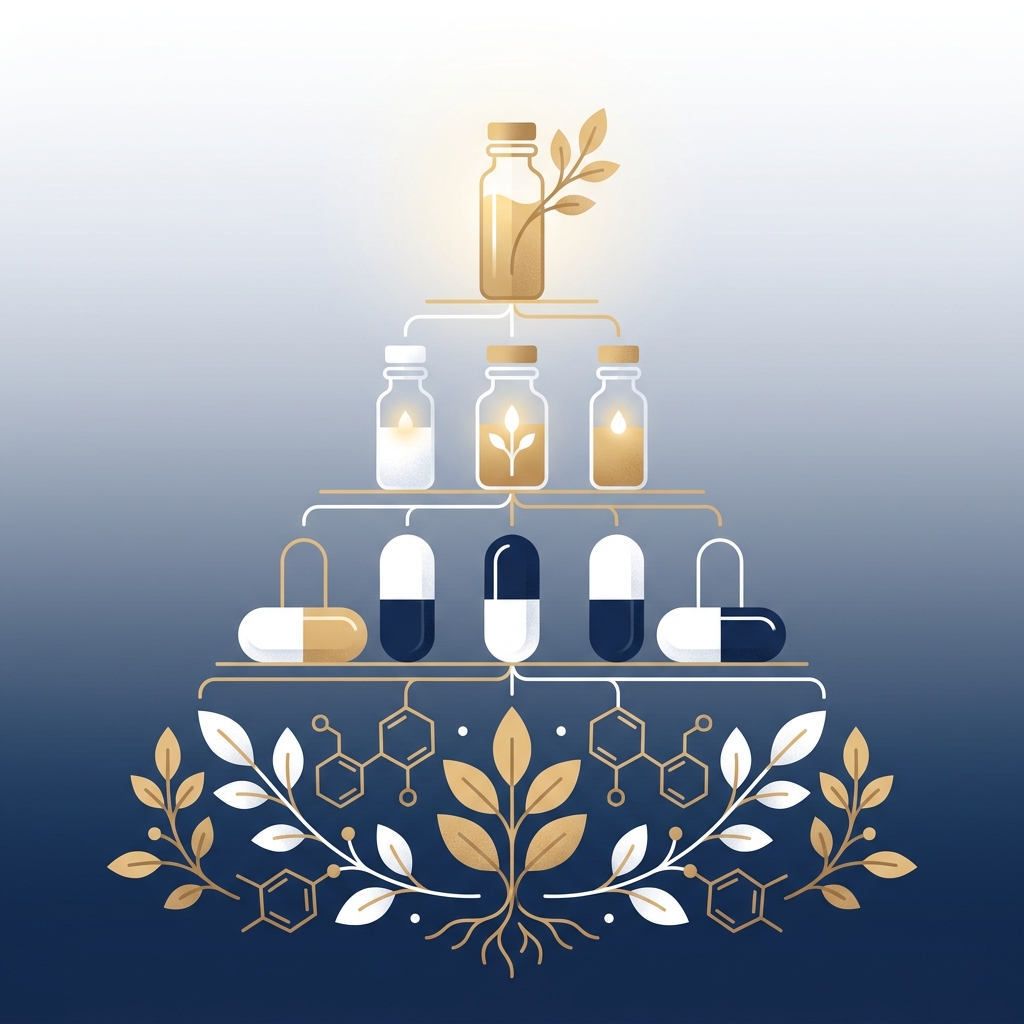 Illustrated clinical hierarchy of hair restoration products arranged in ascending tiers with scientific and botanical elements