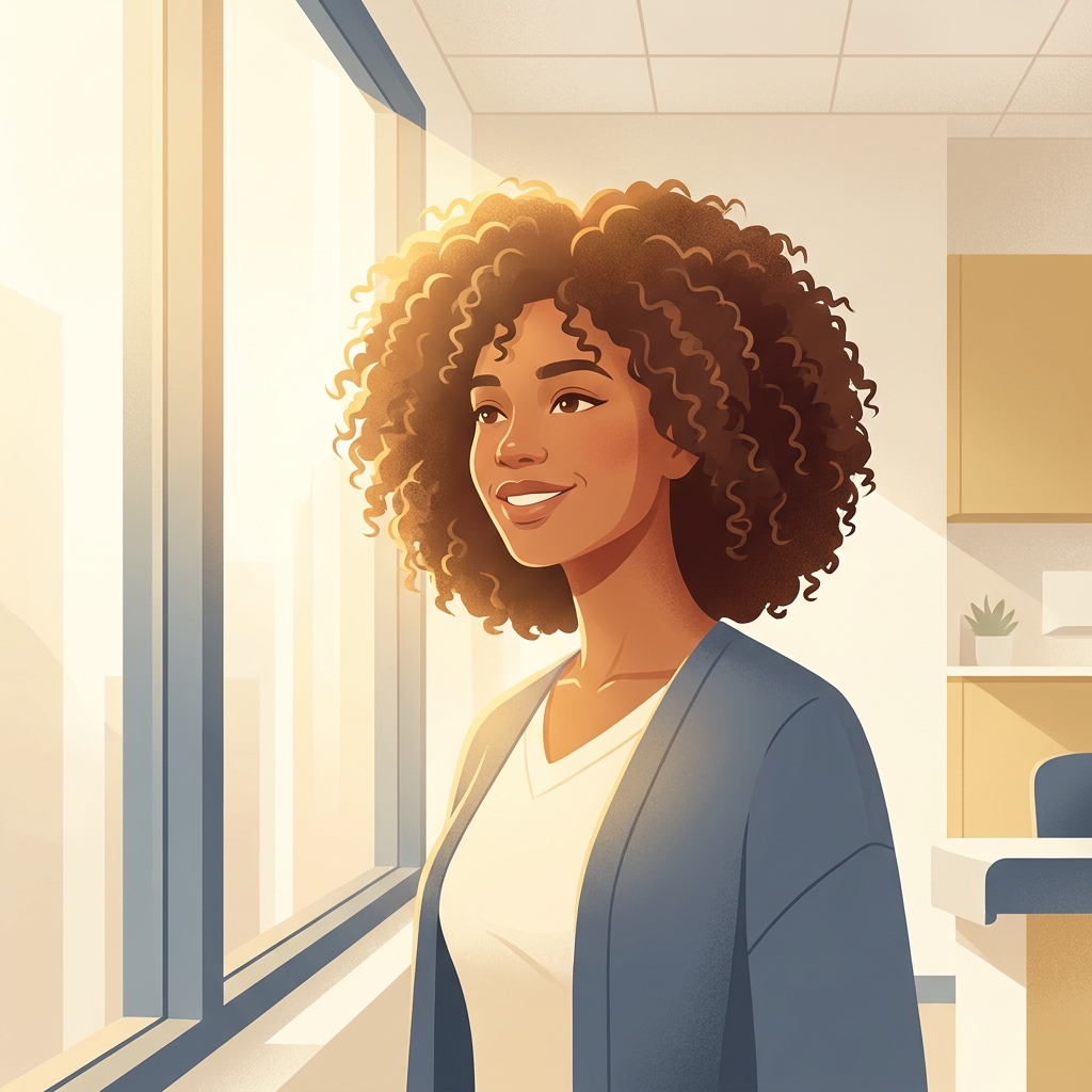 Confident person with healthy hair in a modern clinical setting, representing platelet rich plasma hair restoration outcomes.
