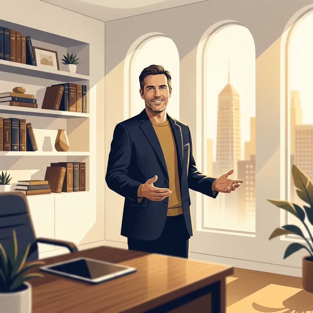 Confident man in a modern Minneapolis hair restoration consultation office, symbolizing expert hair transplant care.