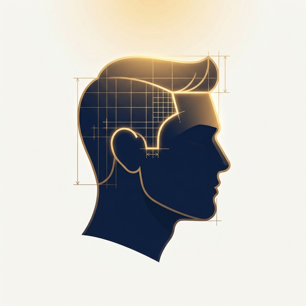 Stylized illustration of a precise hairline profile representing scalp micropigmentation for hairline design