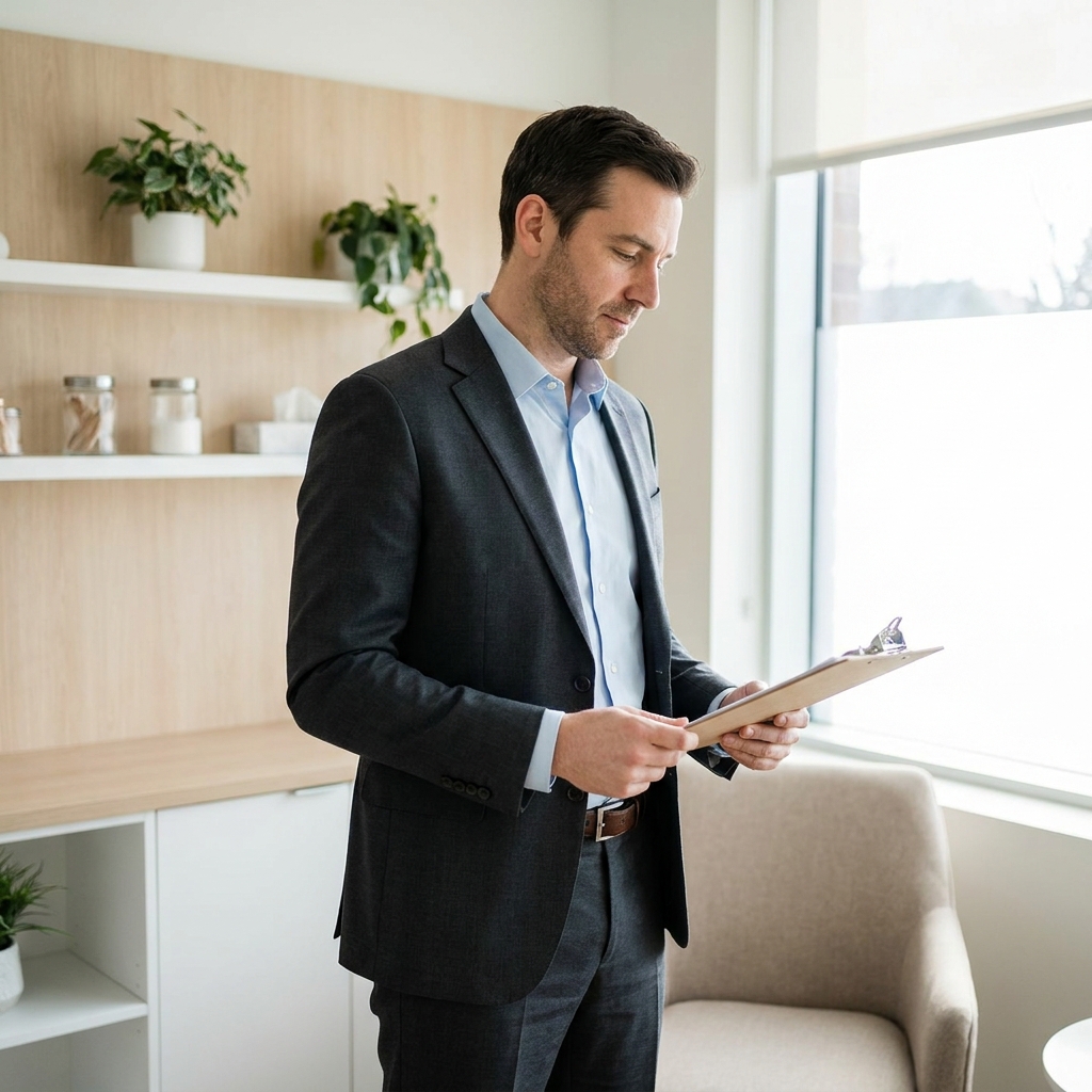 Man reviewing checklist in modern hair restoration clinic consultation room, representing how to evaluate a hair restoration clinic near me