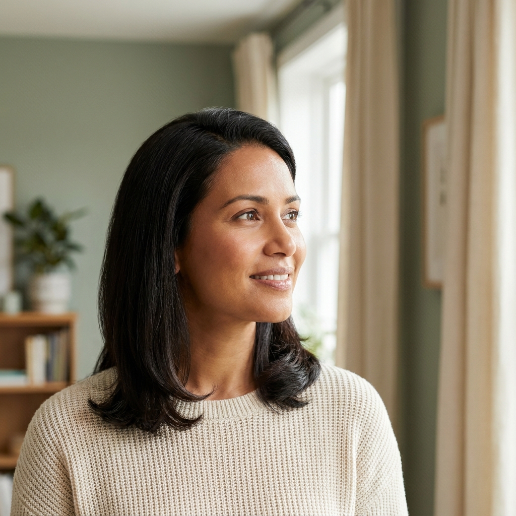 Confident woman with healthy hairline representing hair thinning at front female treatment options