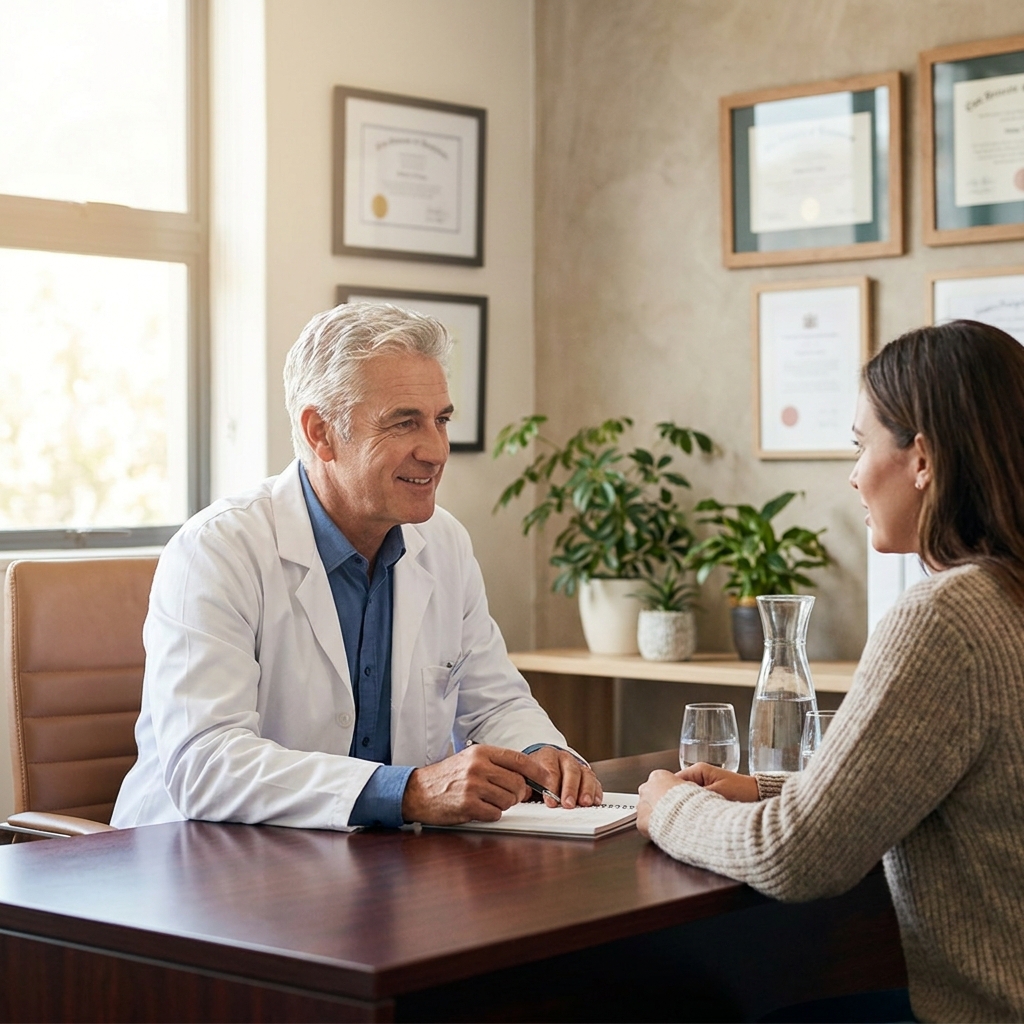 Doctor consulting with patient, representing trust in a qualified hair restoration specialist