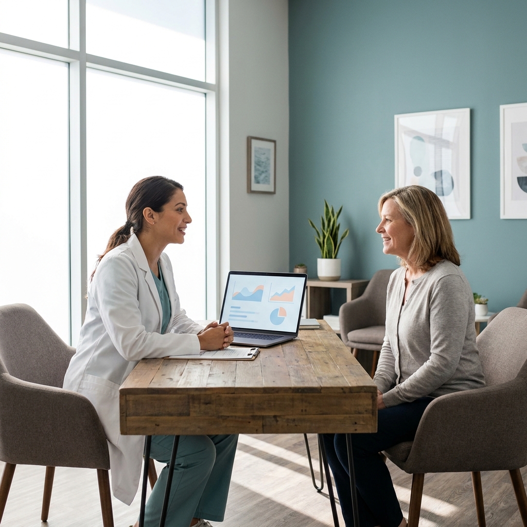 Doctor and patient discussing treatment for telogen effluvium hair loss during a calm consultation