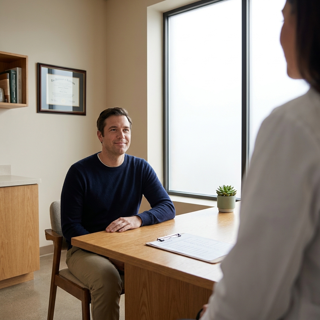 Patient consulting trusted doctor before choosing hair restoration FUE provider