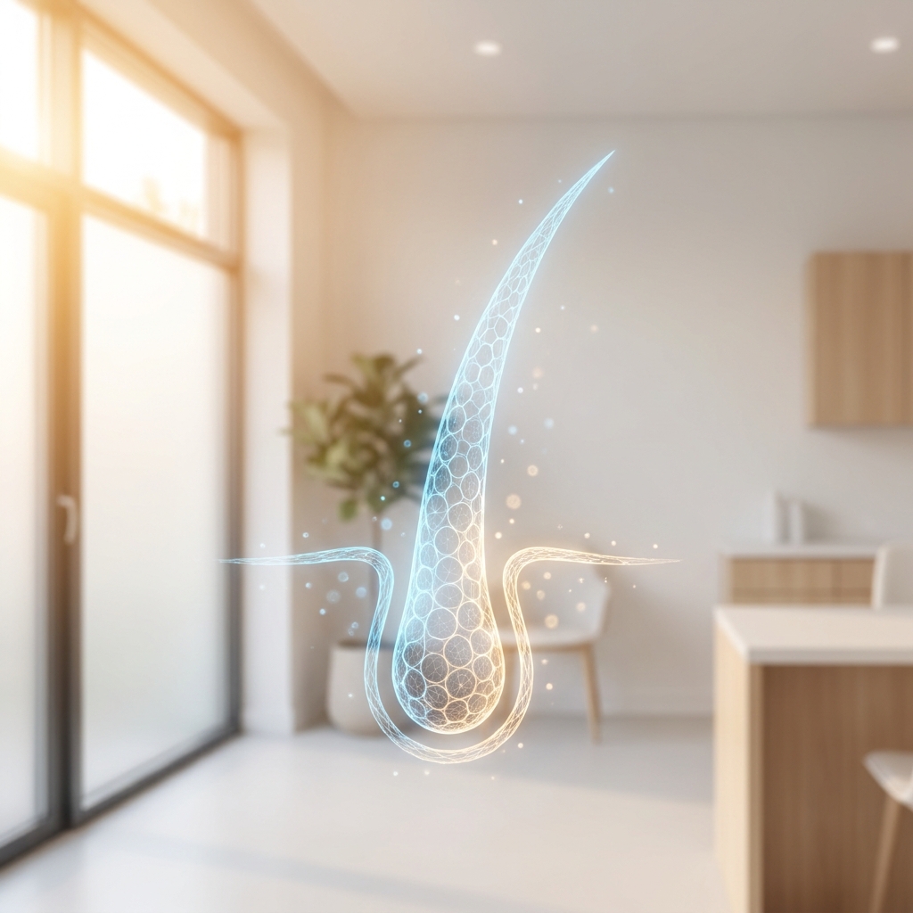 Conceptual illustration of regenerative cell therapy for hair growth with glowing cellular elements