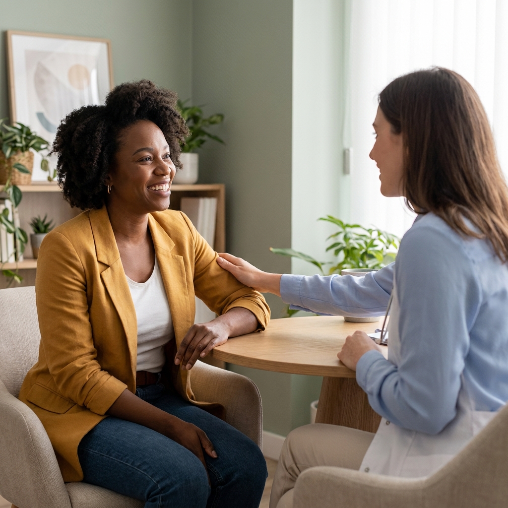Confident woman consulting doctor about hair transplant for African American women