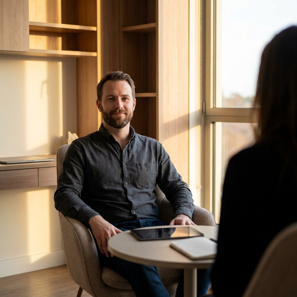 Confident man in consultation discussing men's hair restoration treatment options
